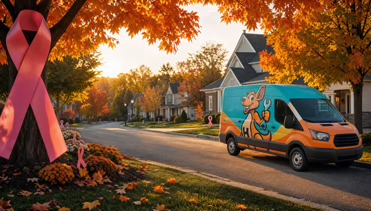 Hoppy Heating and Air service van in a fall neighborhood